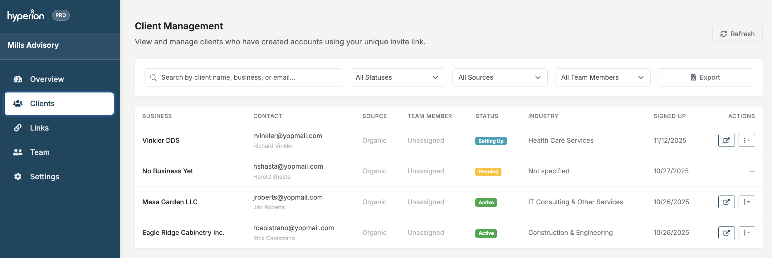 Hyperion Pro dashboard showing client management interface